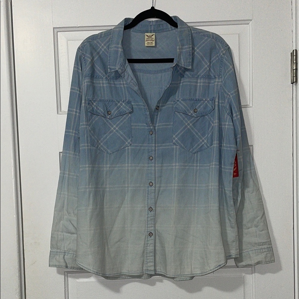 Faded Glory Blue Plaid Ombre Shirt
